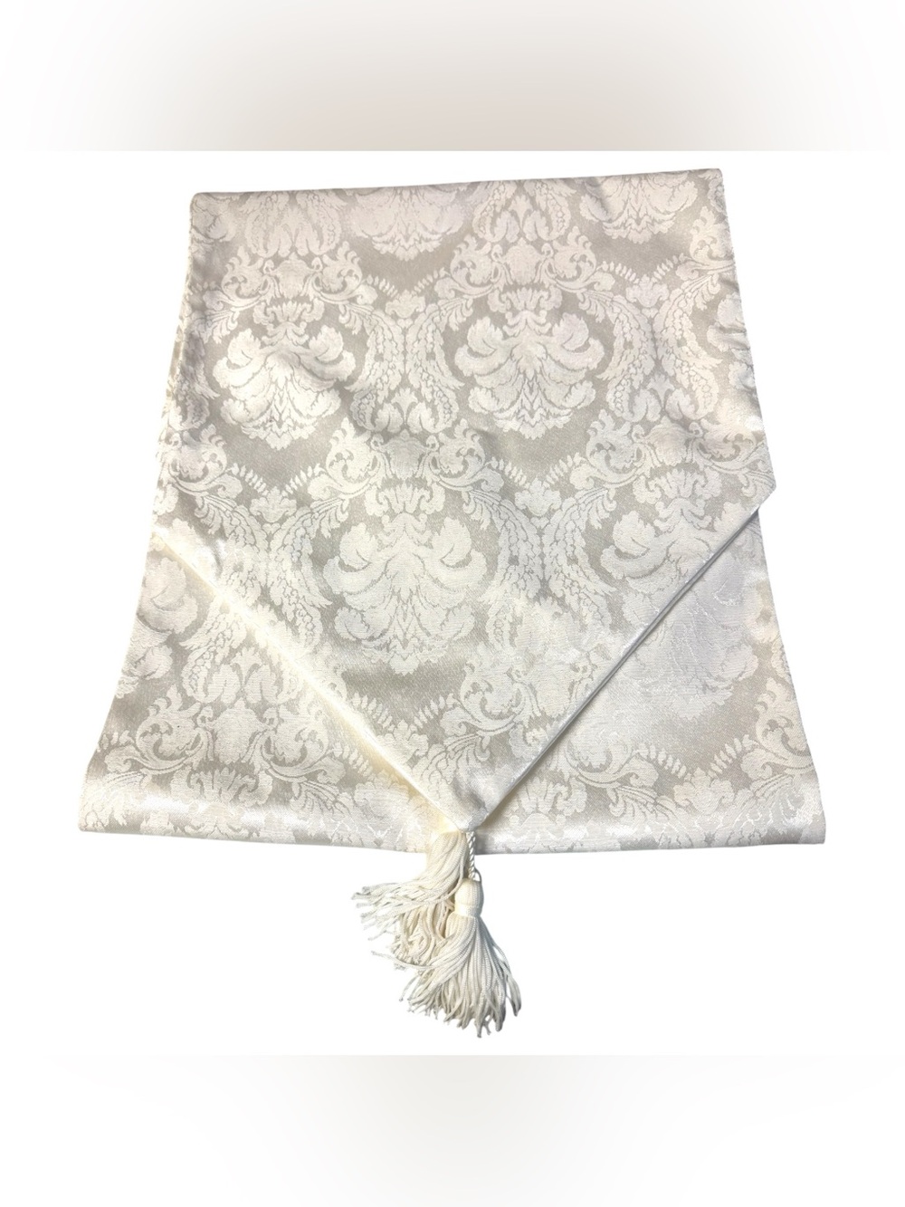 Waterford Linens 1992 Ivory Damask Table Runner w/Pointed Ends & Tassels 68x14”